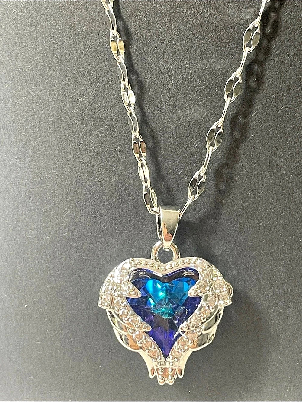 Blue Crystal Heart Pendant Necklace with Intricate details front and back Stainl